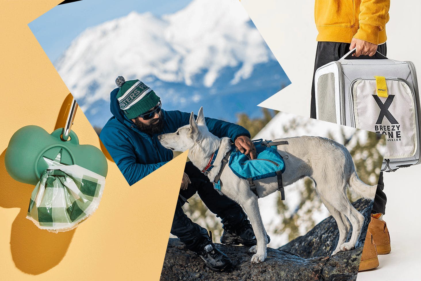 A collage of cat and dog travel products